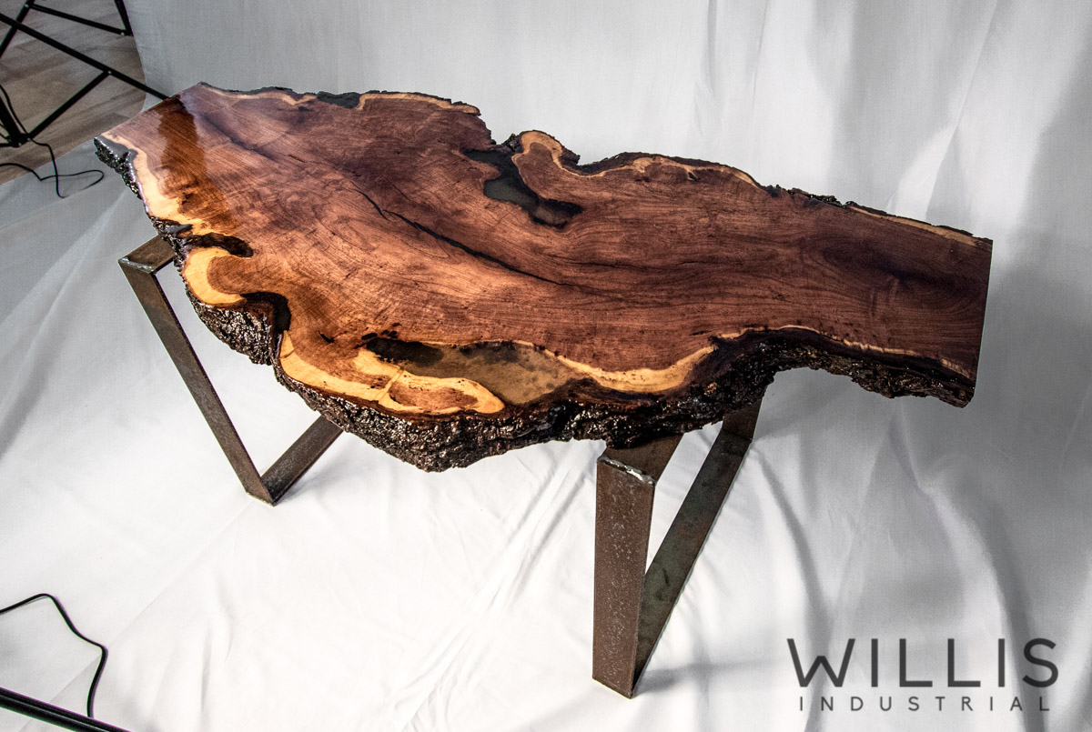 Willis Industrial Furniture | Rustic, Modern Furniture | Mesquite Table with epoxy top. Steel square legs