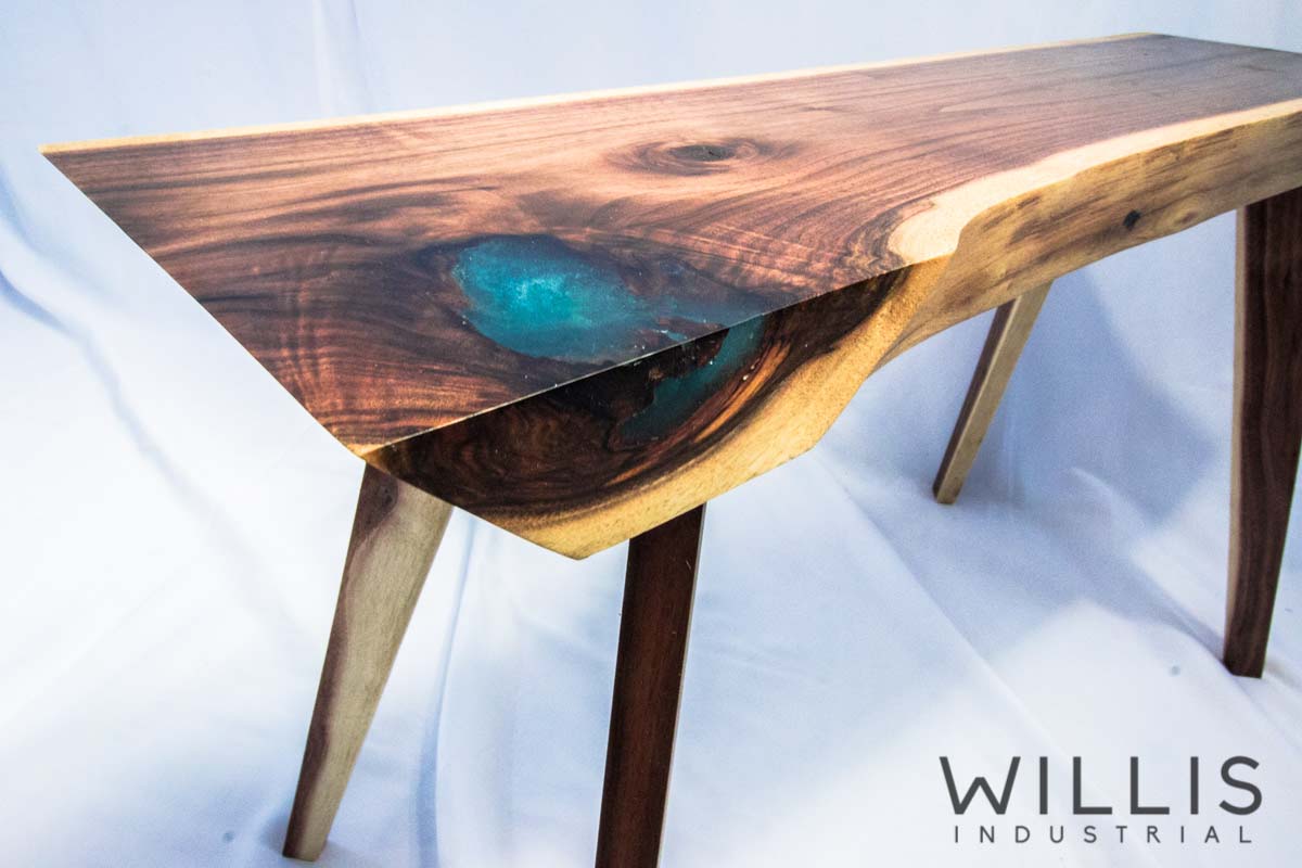 Willis Industrial Furniture | Rustic, Modern Furniture | Walnut slab table with blue epoxy filling and wood legs