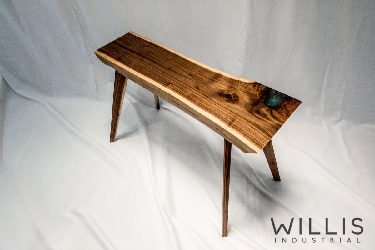 Willis Industrial Furniture | Rustic, Modern Furniture | Walnut slab table with blue epoxy filling and wood legs
