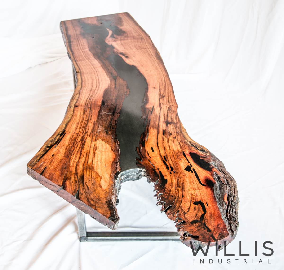 Willis Industrial Furniture | Rustic, Modern Furniture | TA_00014 Mesquite Slab Live Edge with Black Epoxy Filling