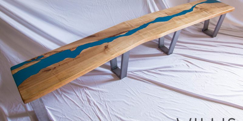 Long Maple Bench with Matte Blue Epoxy River