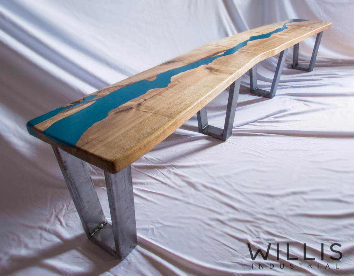 Willis Industrial Furniture | Rustic, Modern Furniture | SE_00001 Bench - blue top epoxy with legs