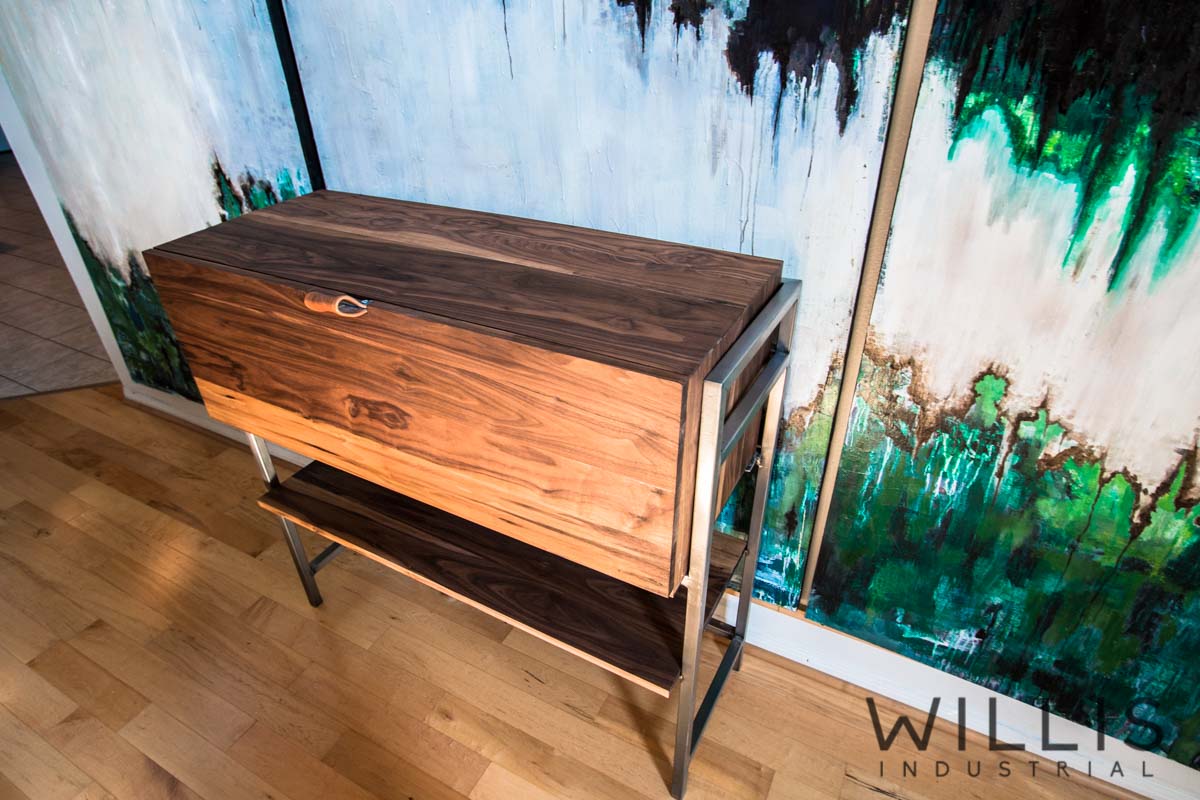 Willis Industrial Furniture | Rustic, Modern Furniture | Walnut Record Player Cabinet with Steel Frame Base