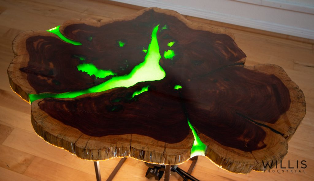 Willis Industrial Furniture | Rustic, Modern Furniture | Live Edge Cedar Round with Green Transparent Epoxy