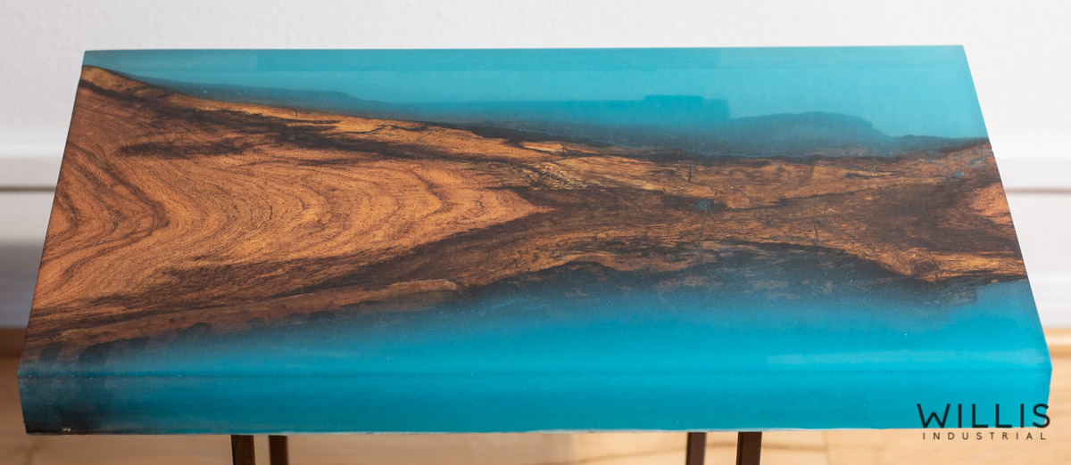Willis Industrial Furniture | Rustic, Modern Furniture | Mesquite Slab Coffee Table with Transparent Turquoise Epoxy
