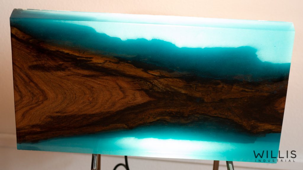 Willis Industrial Furniture | Rustic, Modern Furniture | Mesquite Slab Coffee Table with Transparent Turquoise Epoxy