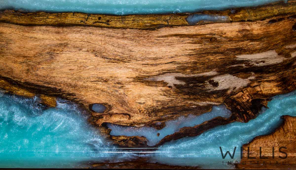 Willis Industrial Furniture | Rustic, Modern Furniture | Mesquite Slab Coffee Table with Metallic Turquoise Epoxy