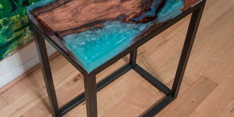 Mesquite Slab Coffee Table with Metallic Turquoise Epoxy