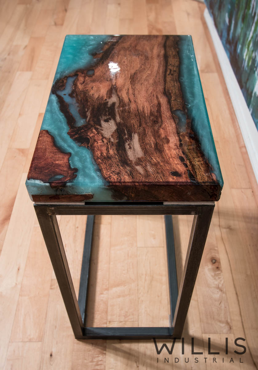 Willis Industrial Furniture | Rustic, Modern Furniture | Mesquite Slab Coffee Table with Metallic Turquoise Epoxy