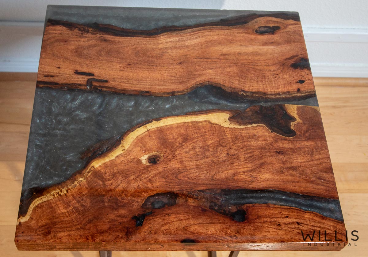 Willis Industrial Furniture | Rustic, Modern Furniture | Mesquite Slab Coffee Table with Silver to Black Metallic Epoxy