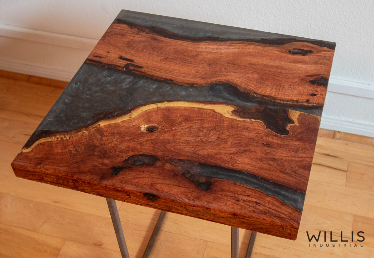 Willis Industrial Furniture | Rustic, Modern Furniture | Mesquite Slab Coffee Table with Silver to Black Metallic Epoxy