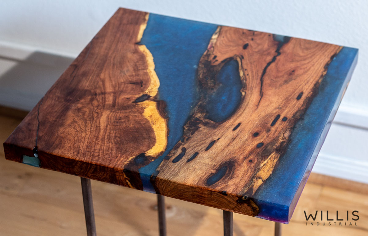 Willis Industrial Furniture | Rustic, Modern Furniture | Mesquite Slab Coffee Table with Azure Blue Metallic Epoxy