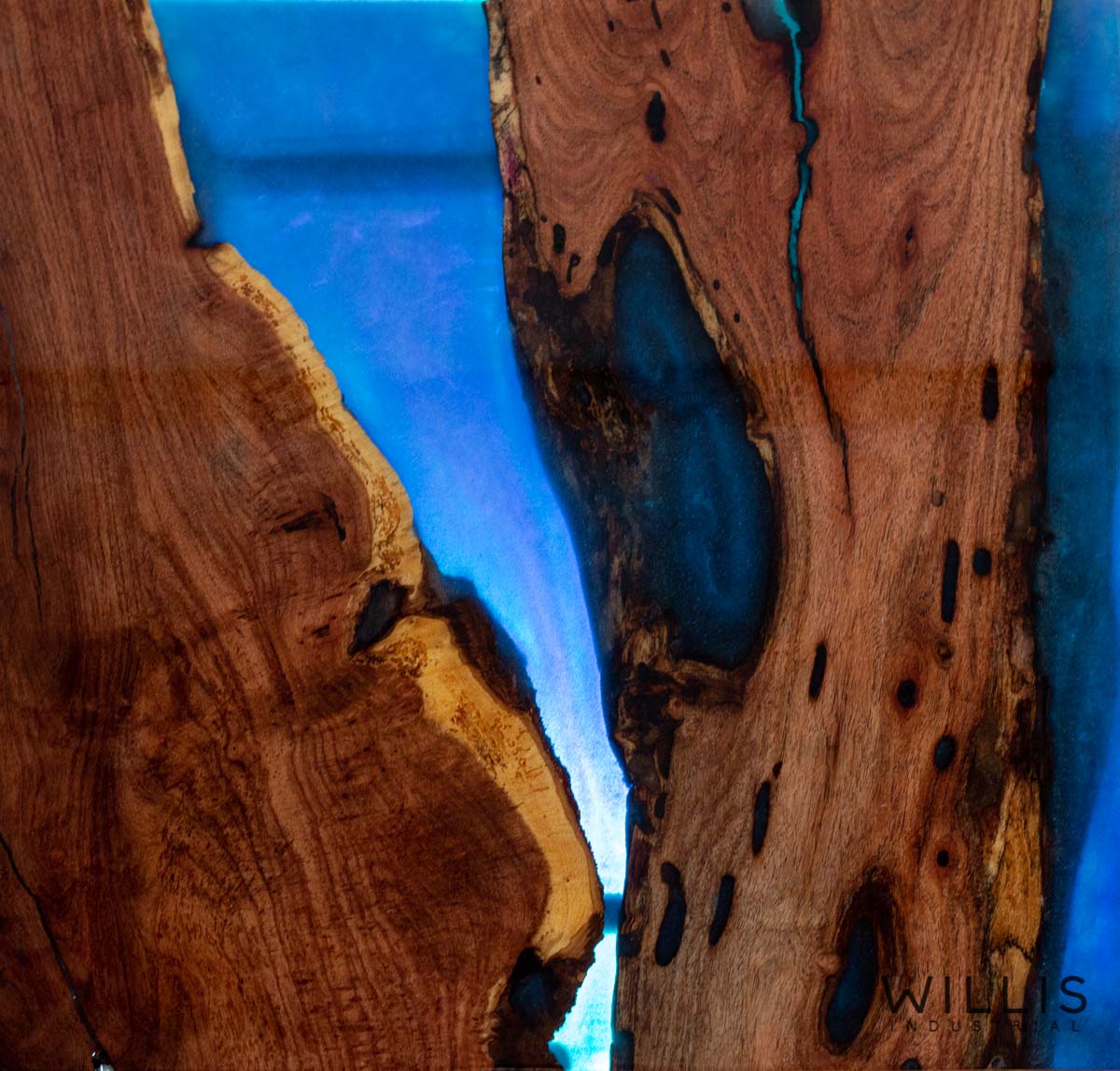 Willis Industrial Furniture | Rustic, Modern Furniture | Mesquite Slab Coffee Table with Azure Blue Metallic Epoxy