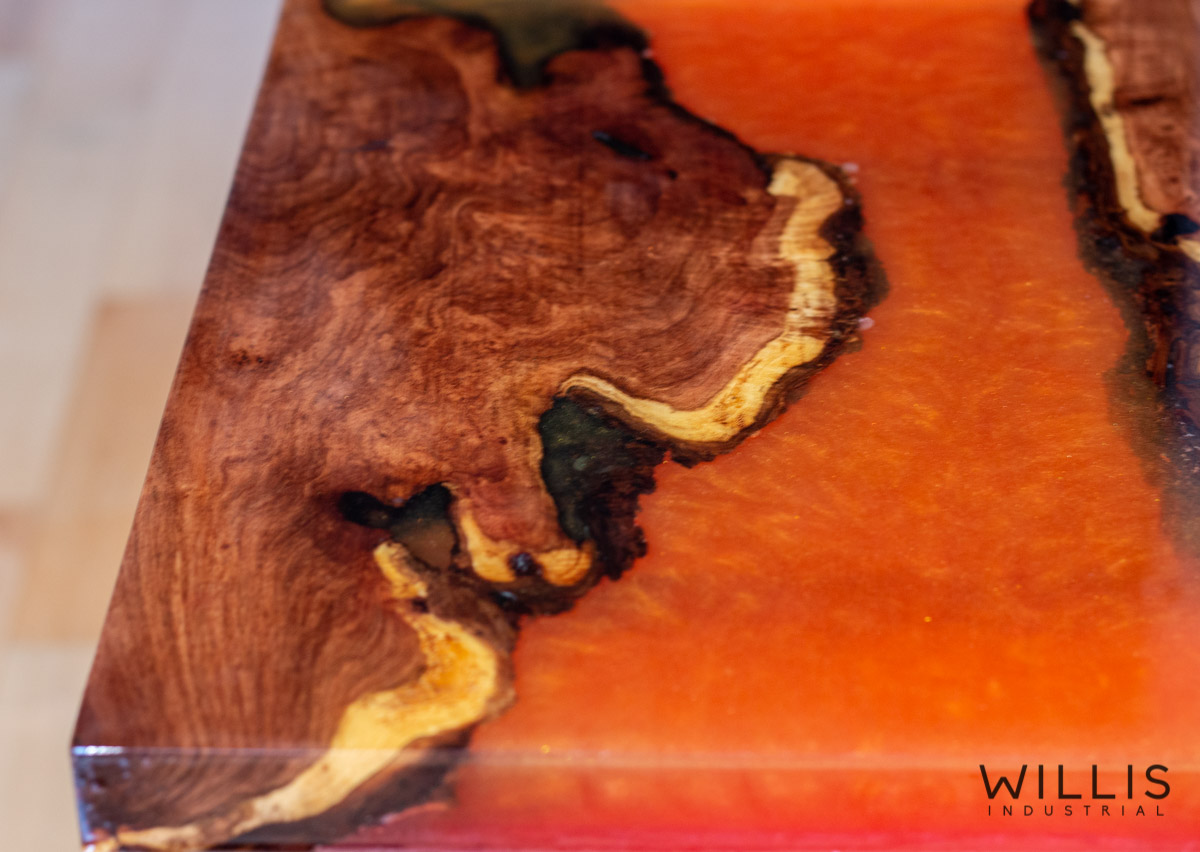 Willis Industrial Furniture | Rustic, Modern Furniture | Mesquite Slab Coffee Table with Red to Yellow Metallic Epoxy