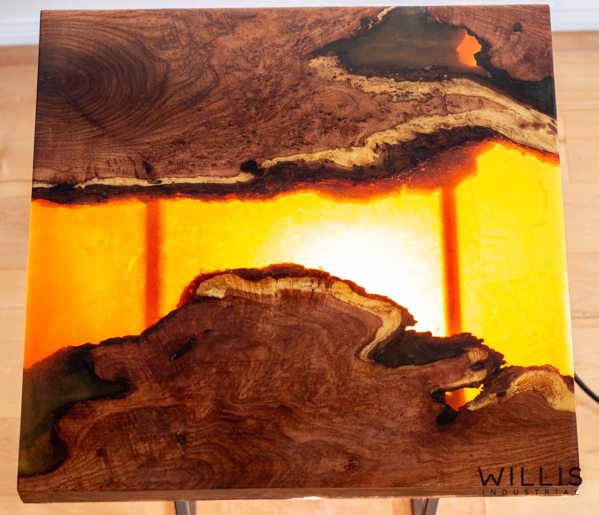 Willis Industrial Furniture | Rustic, Modern Furniture | Mesquite Slab Coffee Table with Red to Yellow Metallic Epoxy