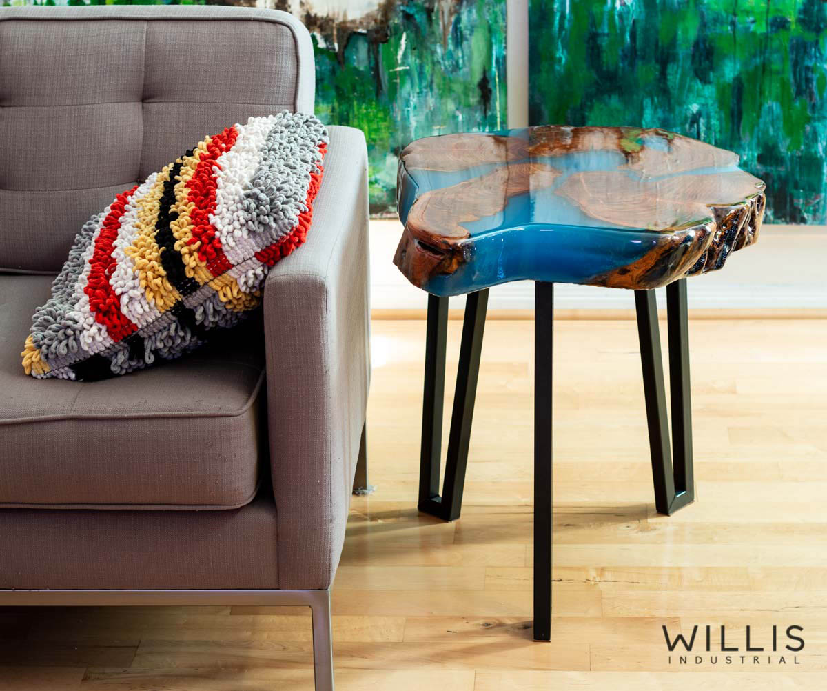 Willis Industrial Furniture | Rustic, Modern Furniture | Mesquite Round Slab with Blue Epoxy & Custom Steel Hairpin Style Legs