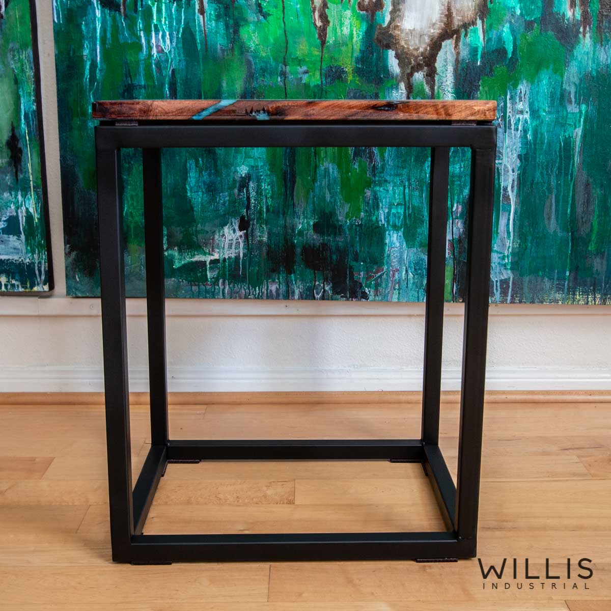 Willis Industrial Furniture | Rustic, Modern Furniture | Mesquite Boards with Turquoise Epoxy & Black Painted Steel Cubed Frame