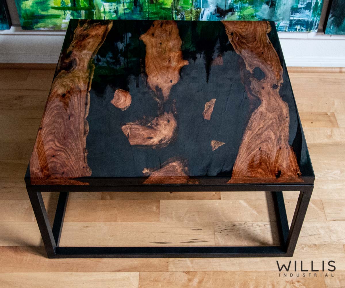 Willis Industrial Furniture | Rustic, Modern Furniture | Mesquite Inverted Live Edge Boards with Black Epoxy & Black Painted Steel Cubed Frame