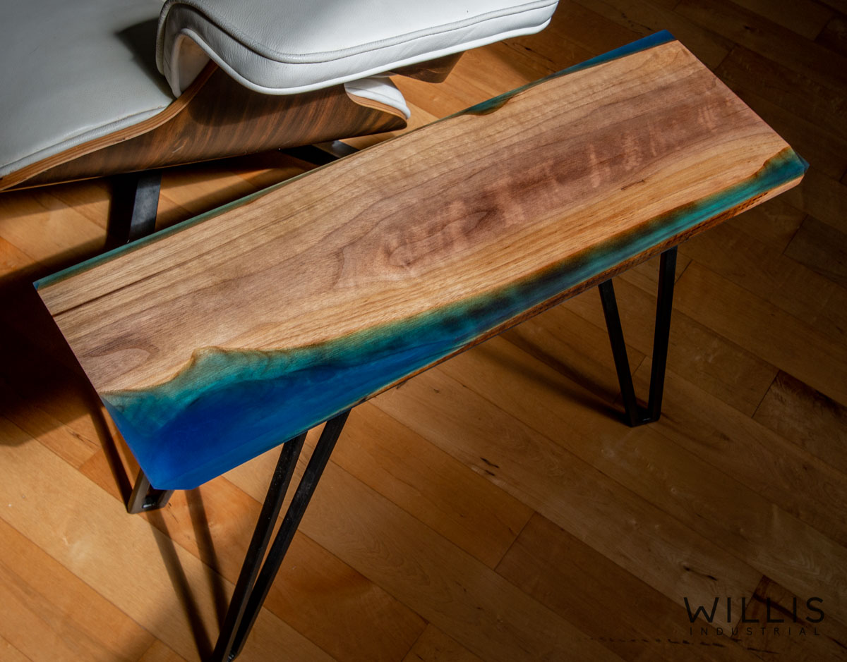 Willis Industrial Furniture | Rustic, Modern Furniture | Walnut Narrow Coffee Table with Cerulean Blue Epoxy & Black Painted Steel Hairpin Style Legs