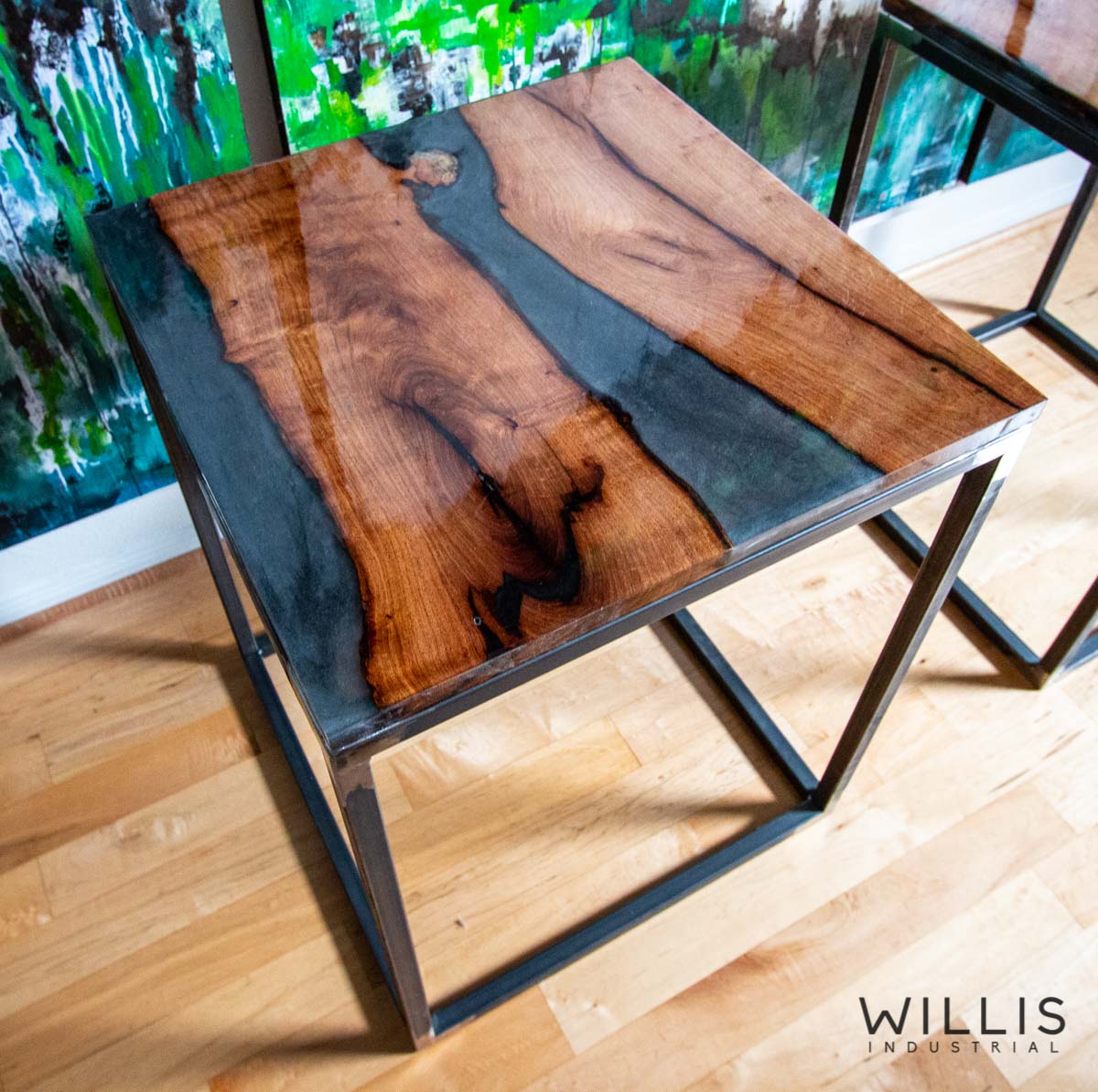 Willis Industrial Furniture | Rustic, Modern Furniture | Mesquite Inverted Live Edge Boards with Transluscent Smoke Epoxy & Black Painted Steel Cube Frame