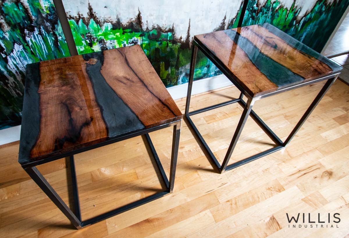Willis Industrial Furniture | Rustic, Modern Furniture | Mesquite Inverted Live Edge Boards with Transluscent Smoke Epoxy & Black Painted Steel Cube Frame