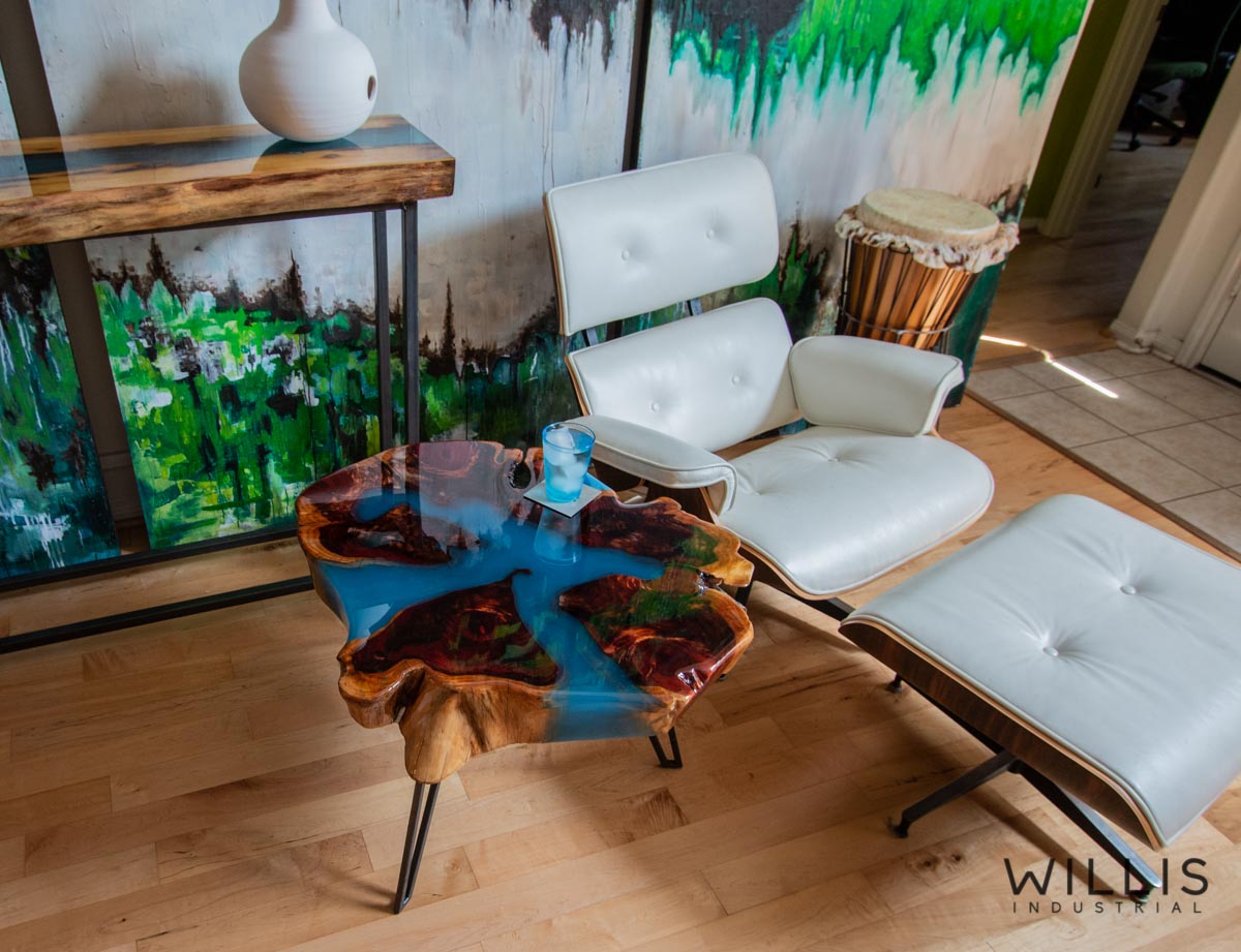 Willis Industrial Furniture | Rustic, Modern Furniture | Cedar Slab Round with Translucent Blue Epoxy & Custom Black Painted Steel Hairpin Style Legs