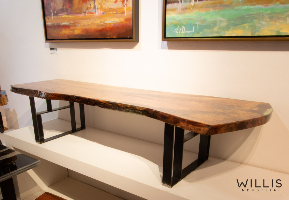Willis Industrial Furniture | Rustic, Modern Furniture | Pecan Slab Coffee Table with Coke Bottle Green Epoxy & Custom Waxed Natural Geometric Legs