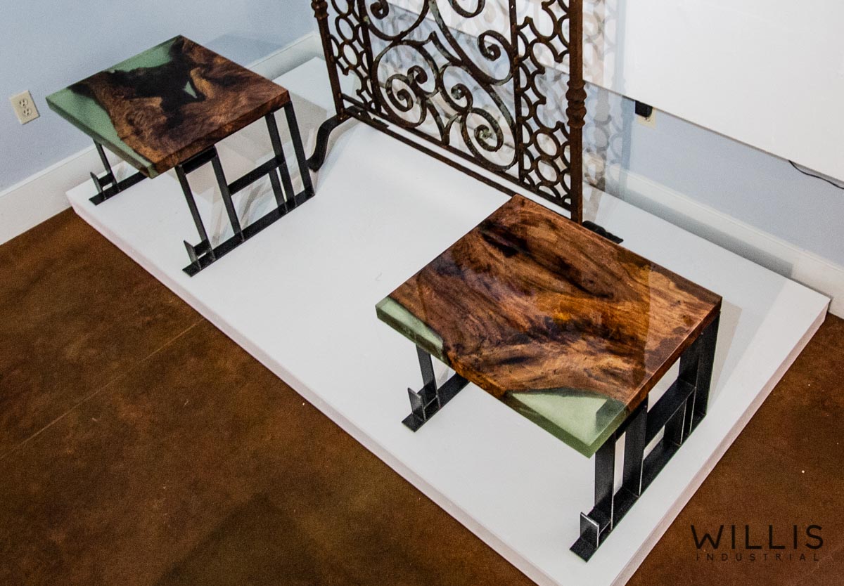 Willis Industrial Furniture | Rustic, Modern Furniture | Pecan Slab Side Table with Coke Bottle Green Epoxy & Custom Waxed Natural Geometric Legs