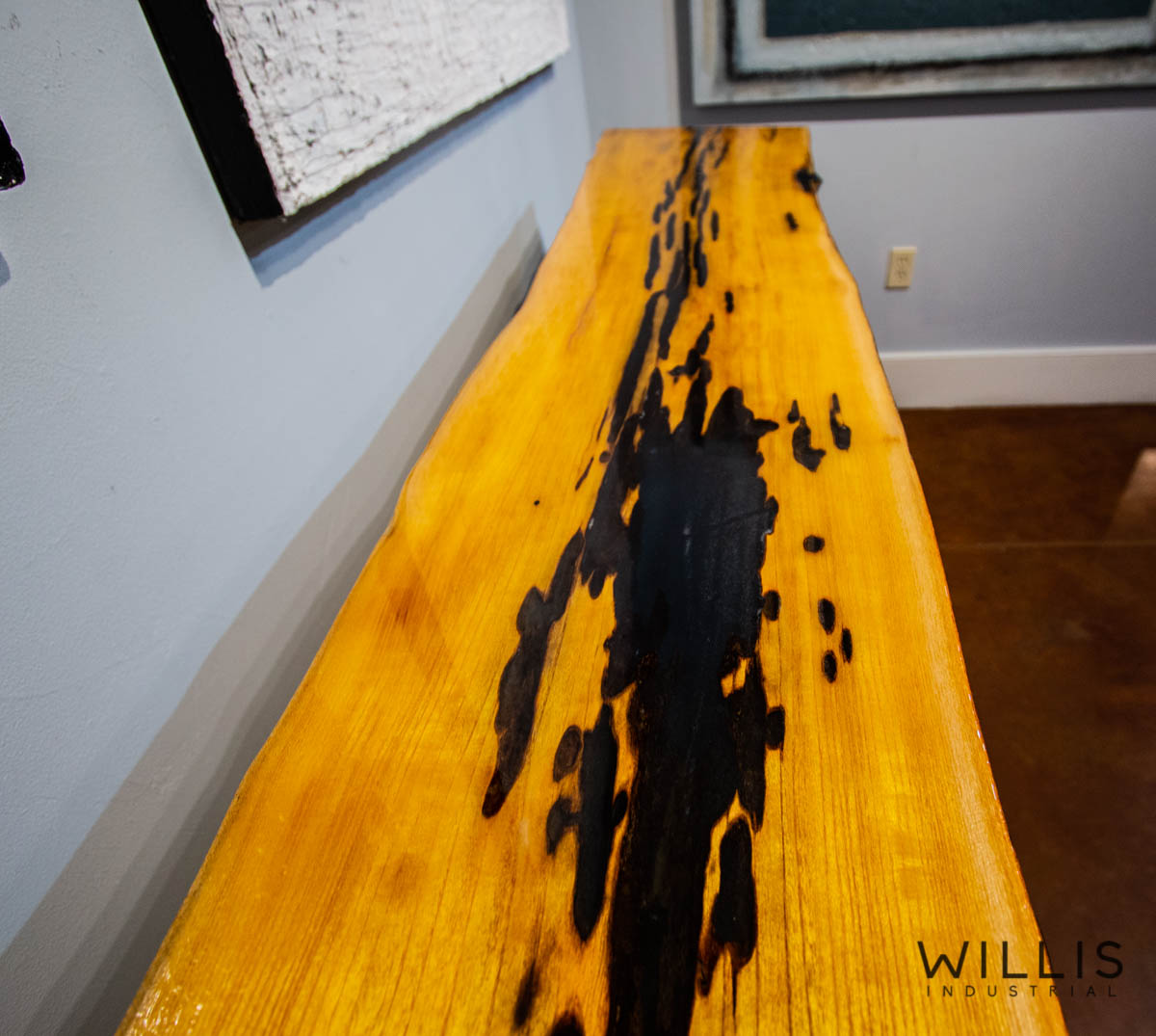 Willis Industrial Furniture | Rustic, Modern Furniture | Mulberry Entry Table with Navy Epoxy & Custom Painted Black Steel Rod Base