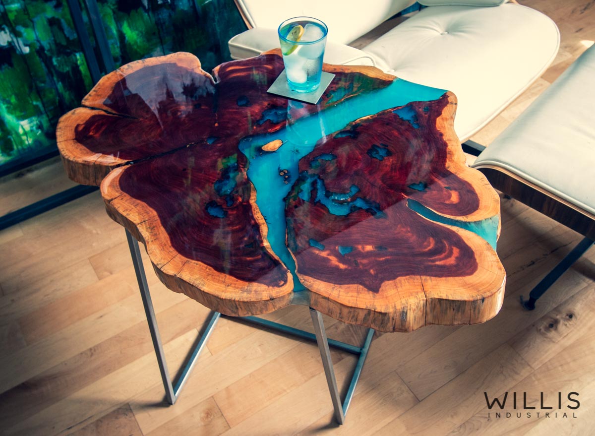 Willis Industrial Furniture | Rustic, Modern Furniture | Cedar Round with Blue Transparent Metallic Epoxy & Custom Waxed Trapezoid Steel Base