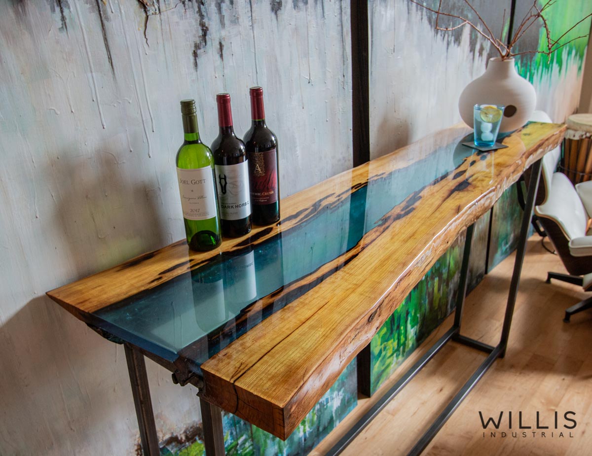 Willis Industrial Furniture | Rustic, Modern Furniture | Mulberry Live Edge with Blue Transparent Metallic Epoxy & Custom Steel Base