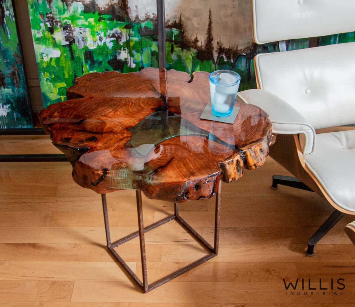 Willis Industrial Furniture | Rustic, Modern Furniture | Mesquite Slab Round with Mint Transparent Epoxy & Custom Steel Base (made to order)