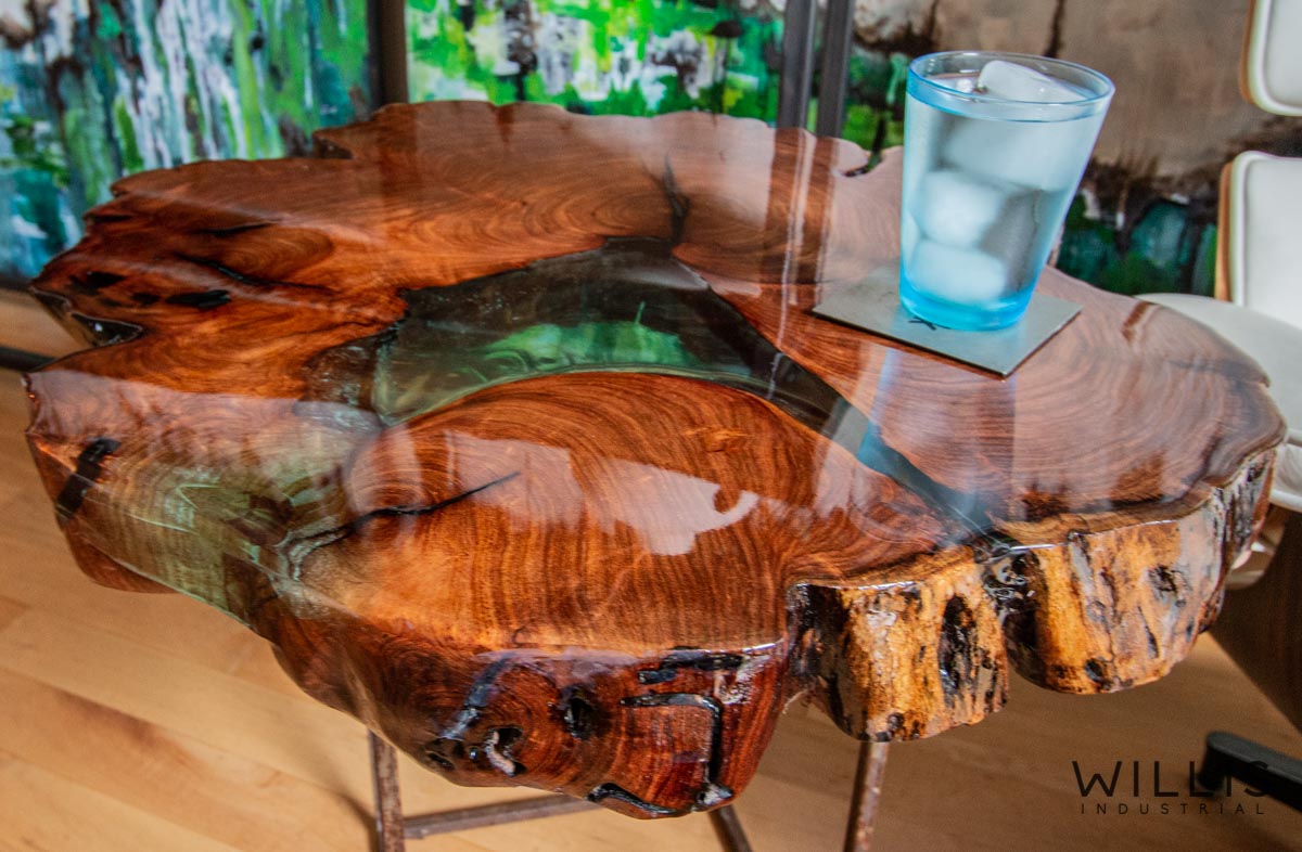 Willis Industrial Furniture | Rustic, Modern Furniture | Mesquite Slab Round with Mint Transparent Epoxy & Custom Steel Base (made to order)