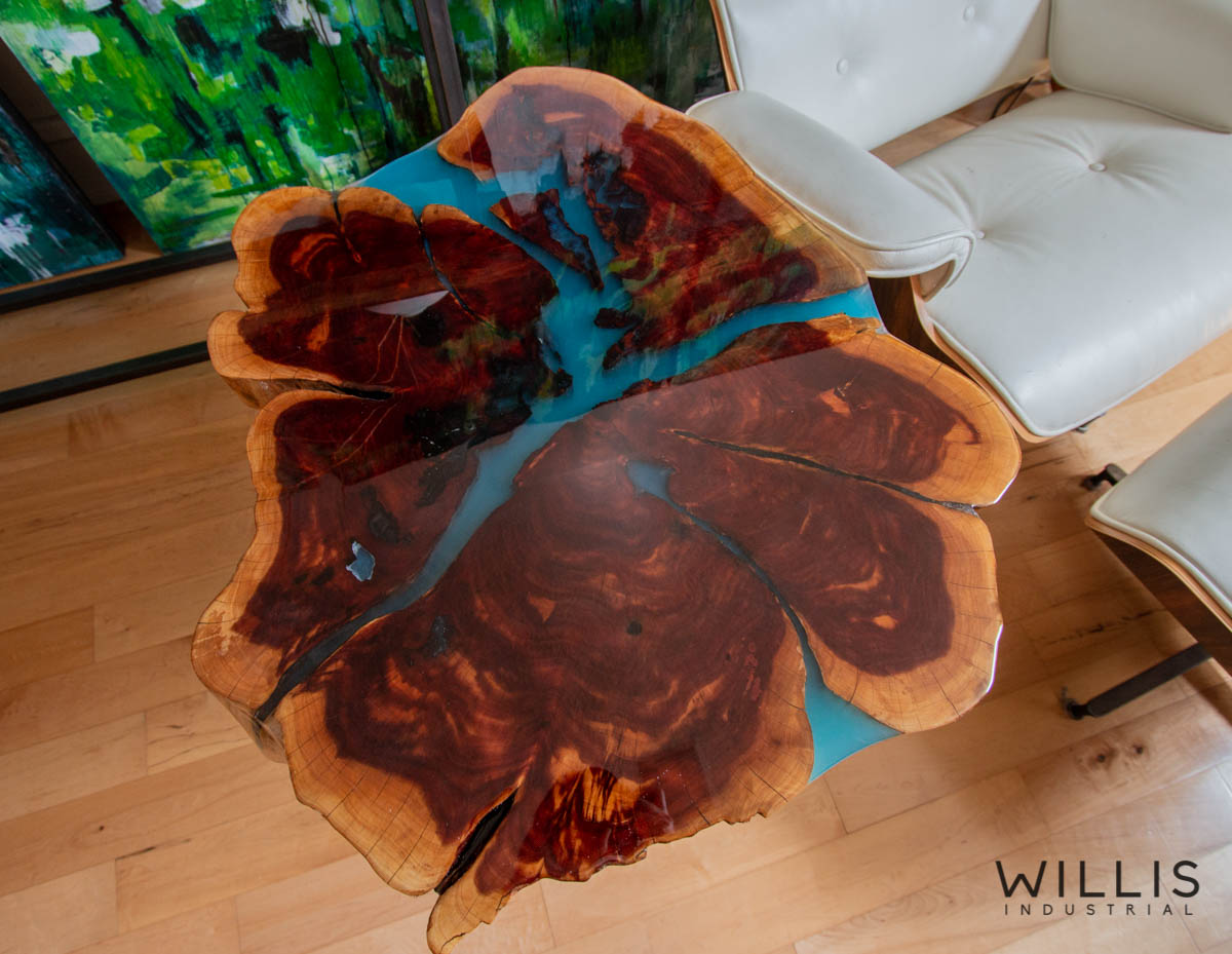 Willis Industrial Furniture | Rustic, Modern Furniture | Cedar Round with Blue Transparent Metallic Epoxy & Custom Steel Base (made to order)